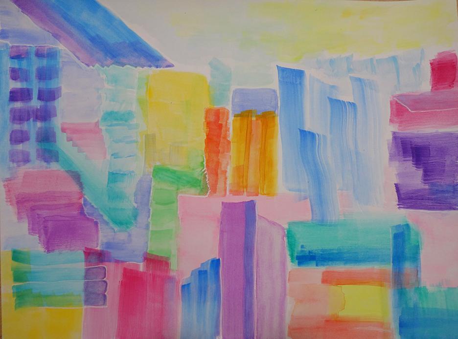 Overlapping blocks of pink, blue, yellow, and green suggest a vivid abstract city.