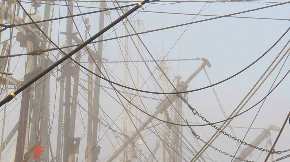 Fishing boat masts, cables, and rigging overlap in a pale morning fog.